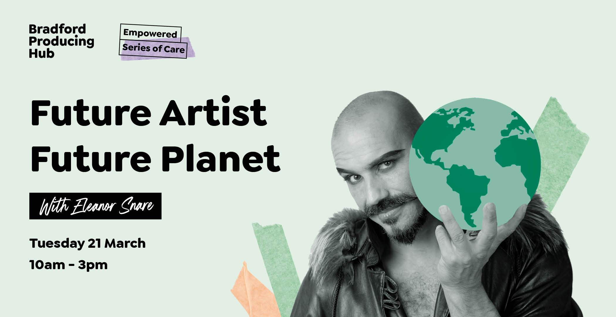 Series of Care: Future Artists Future Planet Image of a bald man with moustache in theatrical costume holding an illustrated green globe