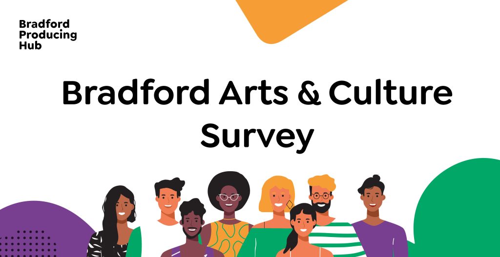 Colourful illustration of a group of people. The text reads Bradford Arts and Culture Survey.