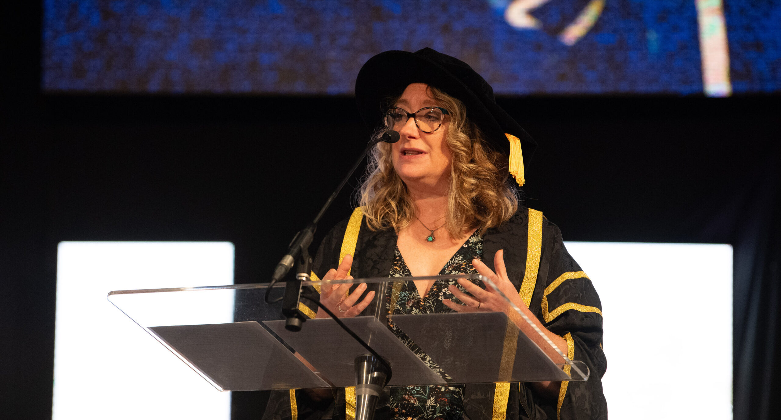 Lisa Mallaghan receiving her honorary fellowship at the Bradford College Graduation 2024