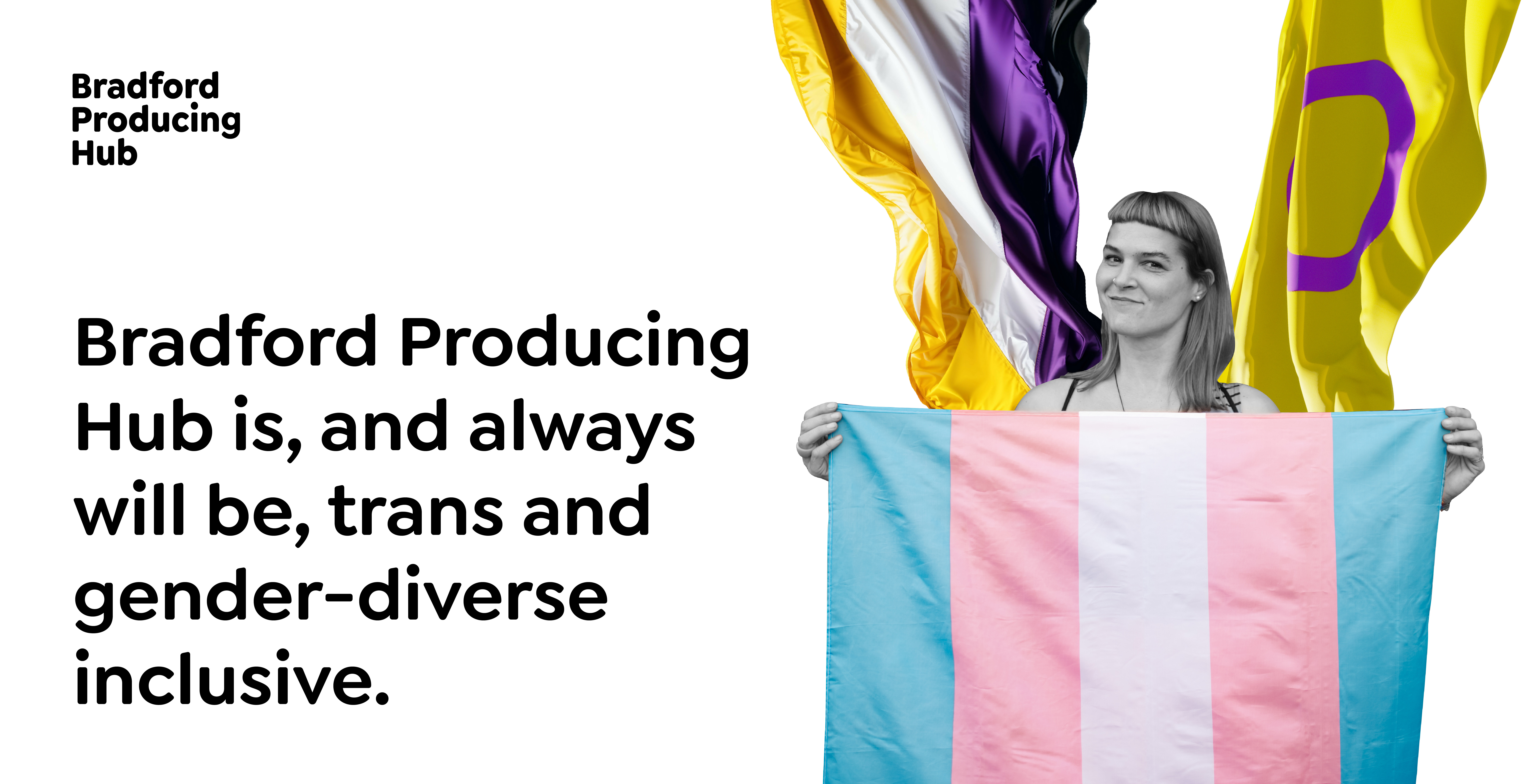 A female presenting person holding a trans flag with non-binary and intersex flags behind them.