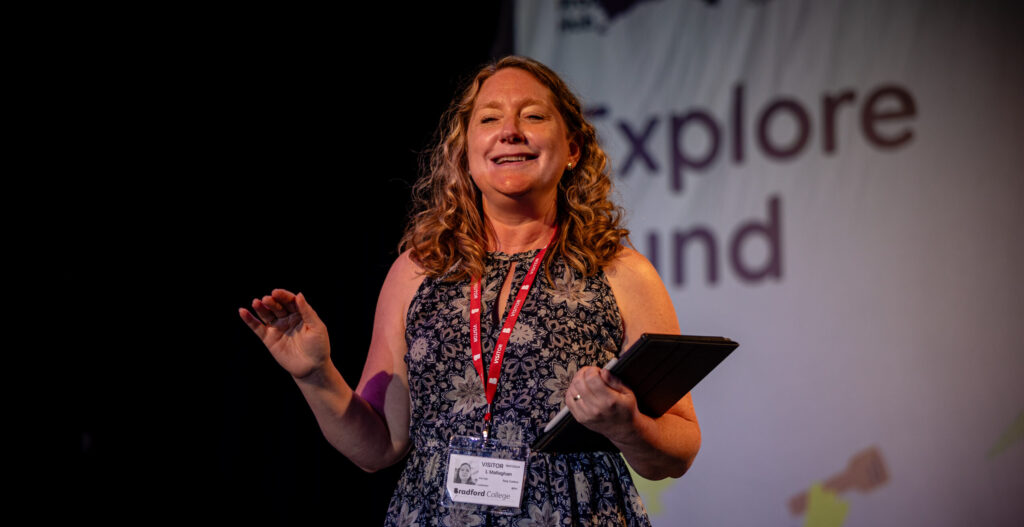 Lisa Mallaghan welcoming audiences to the Bradford Producing Hub Explore sharing event at Bradford College in 2024